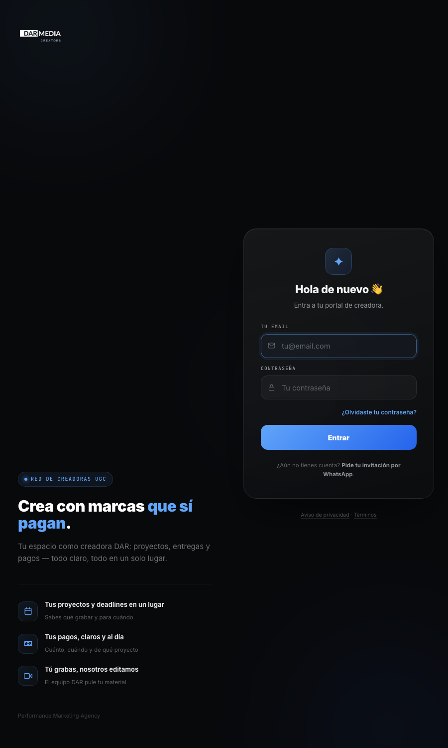 Pantalla para entrar al portal de creadoras